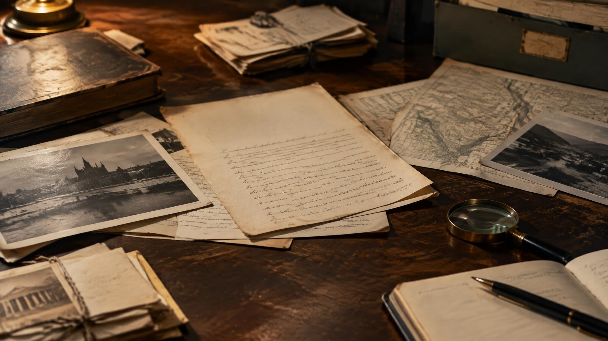 Scattered old archival documents on a wooden desk