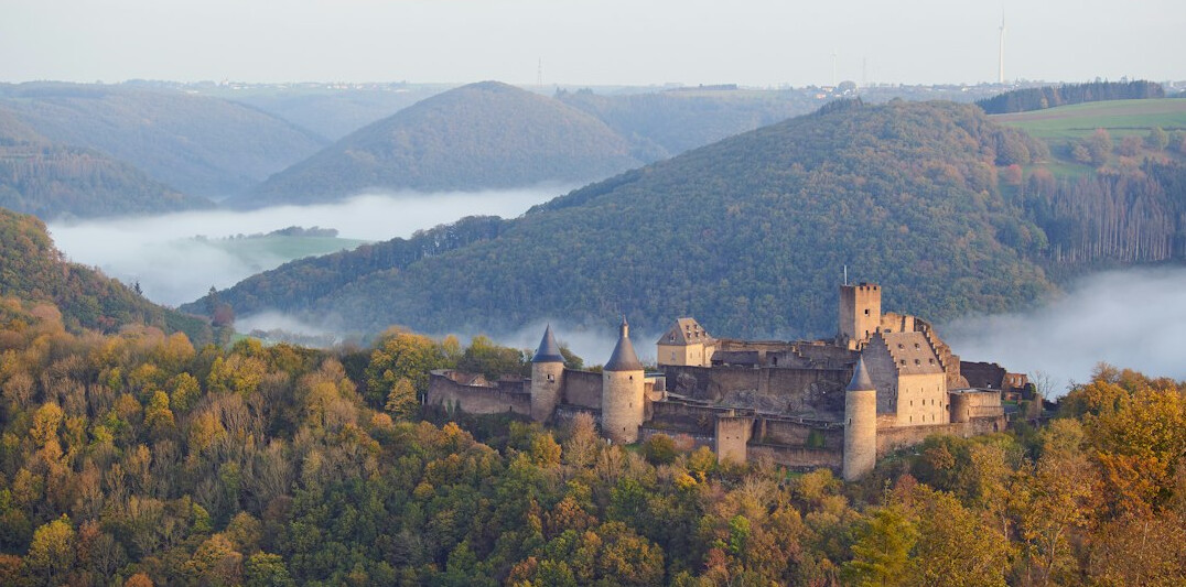 Neuschwanstein Castle surrounded by forested hills