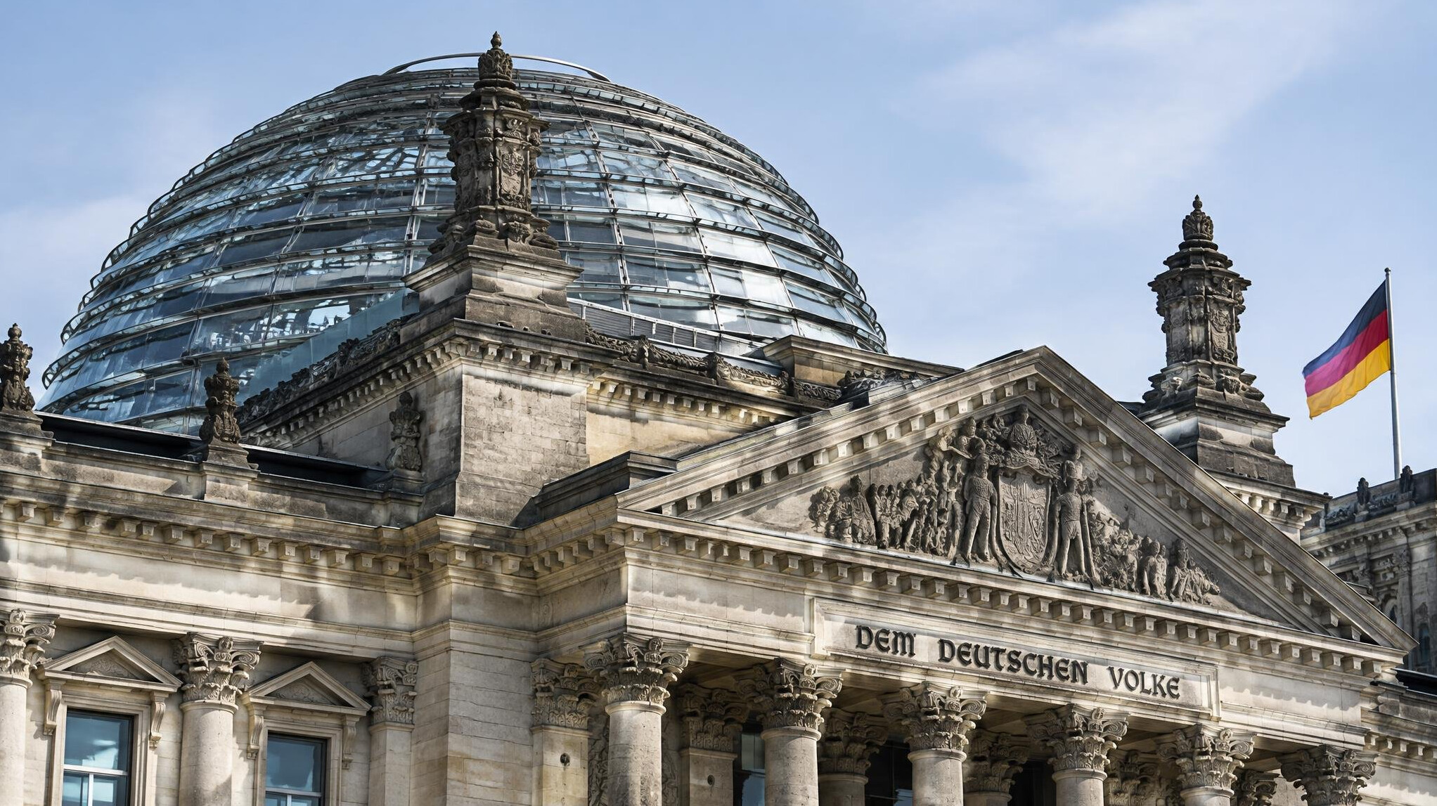 Close view of the Reichstag building dome and facade